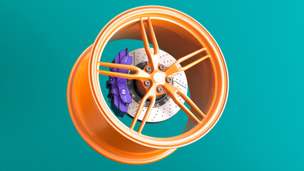 3D render of a cast aluminum disc for a sports car complete with a brake system