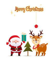 Cute Santa Claus next to a deer and a Christmas tree is holding a gift box. Merry Christmas. Greeting card, banner. Vector illustration , cartoon