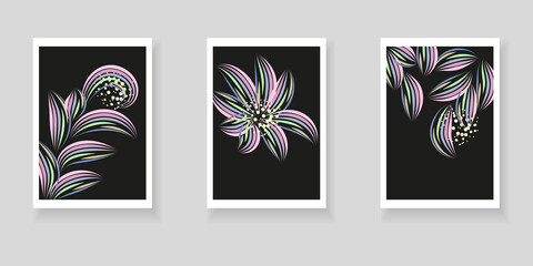 Obraz premium Set of minimalistic elegant botanical wall decor posters. Hand-drawn flowers and twigs from colorful lines on black background. Creative templates for weddings, invitations, birthday, parties, cards