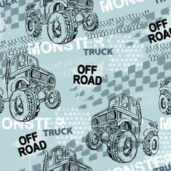 Abstract seamless grunge pattern for boy. Urban style modern background with Monster Truck car, trace of tire. Drive and speed modern creative wallpaper for guys. Extreme style © artlavi_design