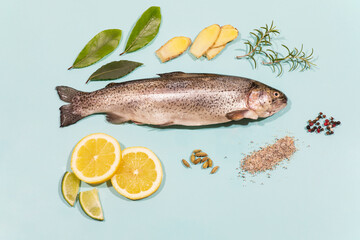 Trout with herbs and spices, lemon, on a light blue background. Flat plan top view.
