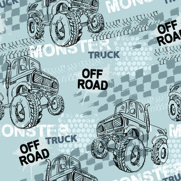 Abstract seamless grunge pattern for boy. Urban style modern background with Monster Truck car, trace of tire. Drive and speed modern creative wallpaper for guys. Extreme style