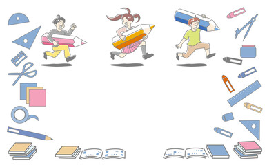 鉛筆を持って元気に走る子供達　文房具