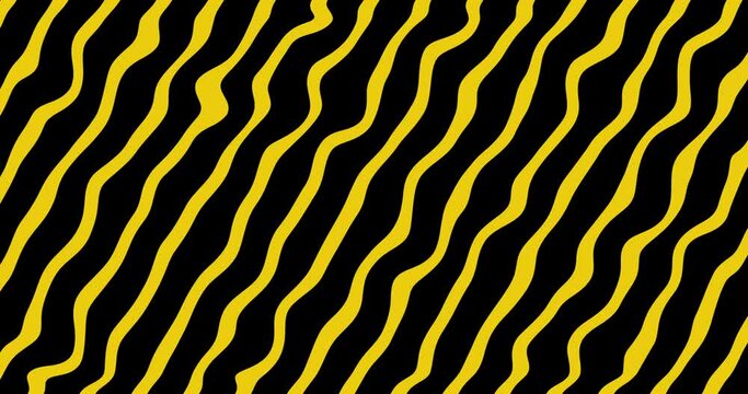 Thick black and yellow striped animation, abstract background with wavy lines, line art, two colour stripes, vector motion video with calming effect, slow moving of geometrical shapes