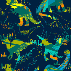 Grunge seamless pattern with dinosaur on dark background. Print for little boys © artlavi_design