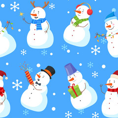 Christmas childish snowman seamless pattern vector flat illustration. Traditional winter character