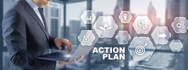 Man is drawing on virtual screen. Action plan concept