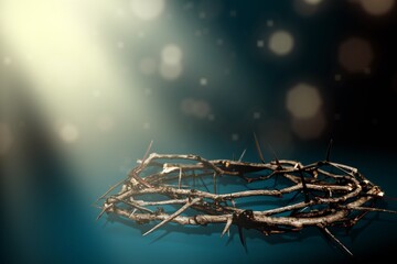 Crown Of Thorns On Wooden Cross With Sparkling In Background