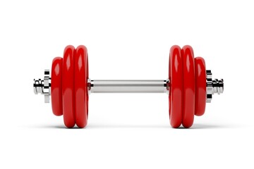Single fitness gym dumbbell with chrome handle and red plates front view over white background, muscle exercise, bodybuilding or fitness concept object