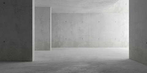 Abstract empty, modern concrete room with indirect lighting from right side, divider walls and rough floor - industrial interior background template