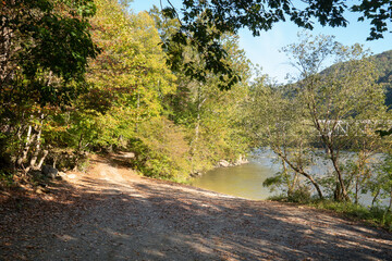 gravel road  at boat  launch and recovery area used by whitewater raft companies for drop off and...