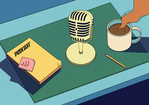 Book, Pencil, Coffee And Microphone On Table 