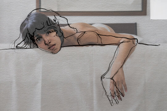 Sketch on sensual naked woman lying on bed