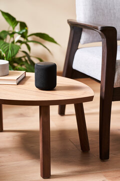 Smart speaker speaker on coffee table.