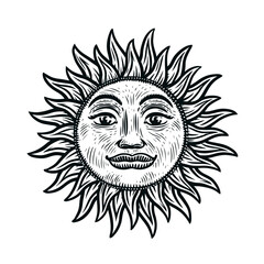 Sun with rays in vintage engraving style. Hand drawn sketch vector illustration