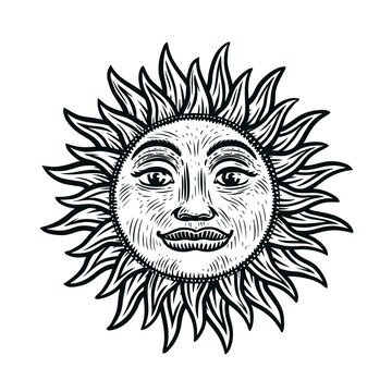 Sun with rays in vintage engraving style. Hand drawn sketch vector illustration