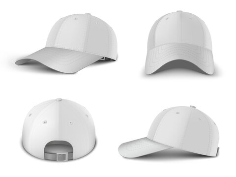 White baseball cap side perspective, front, back side view realistic vector template set.