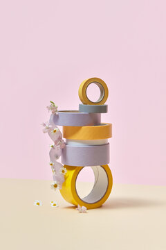 Paper tapes with glued flowers