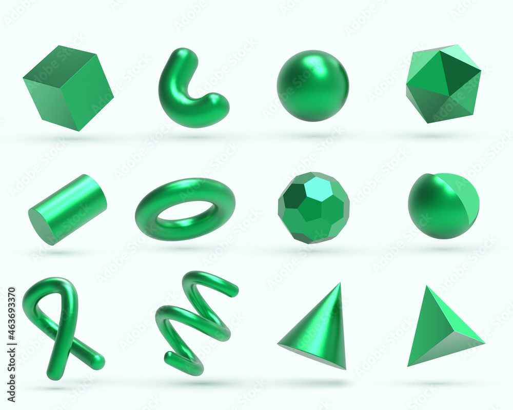 Wall mural Realistic 3D green metal Geometric Shapes Objects. Realistic geometry elements isolated on white background with metallic color gradient.