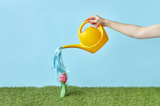 Woman watering paper tulip
