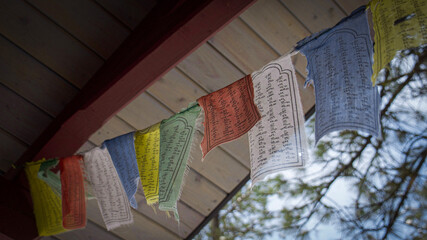 Buddhist prayer flags wave in the breeze on a sunny mountainside