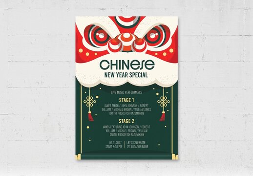 Chinese New Year Festival Flyer with Dancing Dragon Head