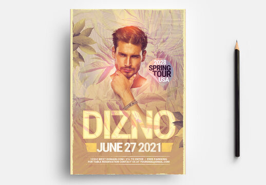 Nightclub DJ Club Flyer with Yellow Tropical Texture