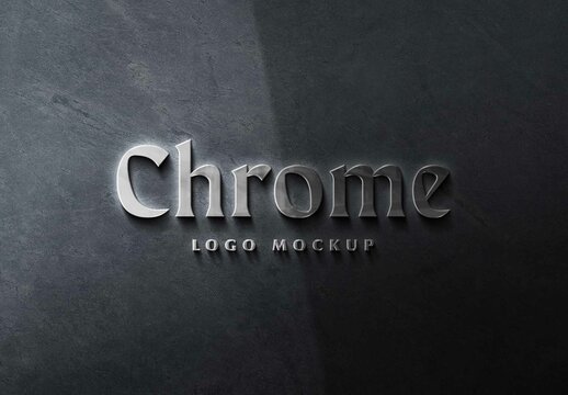 3D Polished Chrome Wall Sign Logo Mockup