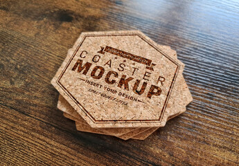 Coaster Stack Logo Mockup on Wooden Surface
