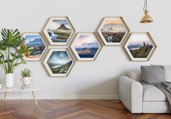 Hexagon Photo Frames Mockup Hanging on Interior Wall
