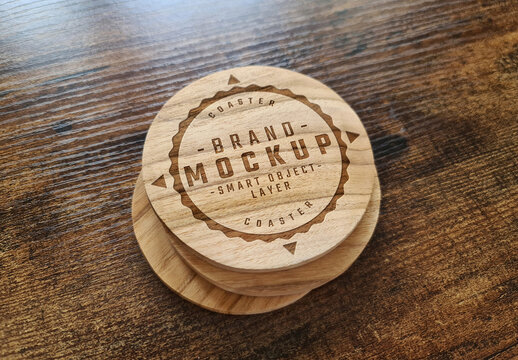 Wooden Coaster Stack Mockup with Engraved Logo