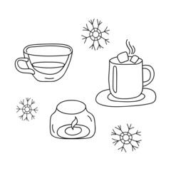 Linear Coffee, Cocoa Winter Hygge. Hot cup of Tea, Marshmallows, a burning Candle and Snowflakes. Vector illustration in Scandinavian, Nordic style. Hand drawn line art