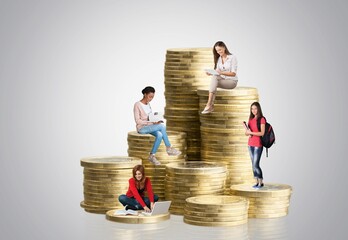School admission budget.  Student, walking above golden coin money stack.