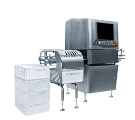 Industrial line for packaging of bakery products. Packing of bread at the factory.The machine for...
