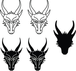 Dragon Head and Face Clipart Set - Outline and Silhouette