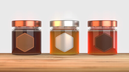 3d rendering of 3 honey jars with empty labels for insertion of your logo
