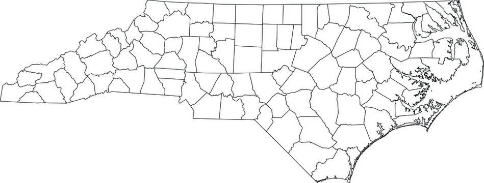 White blank vector administrative map of the Federal State of North Carolina, USA with black borders of its counties