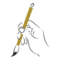 hand drawn human hand holding calligraphy brush on white background.