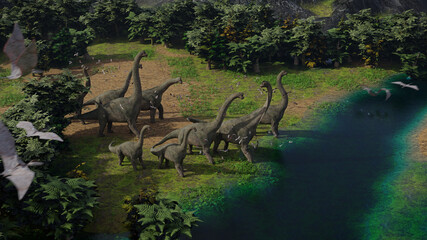 Brachiosaurus altithorax and Pterosaurs in a scenic Late Jurassic landscape © dottedyeti