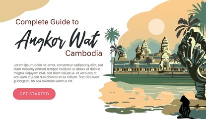 design for social networks and sites Cambodia with decorative background, landmarks, travel and tourist attraction, Angkor Wat, Siem Reap, Cambodia with decorative background