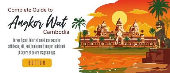 design for social networks and sites Cambodia with decorative background, landmarks, travel and tourist attraction, Angkor Wat, Siem Reap, Cambodia with decorative background