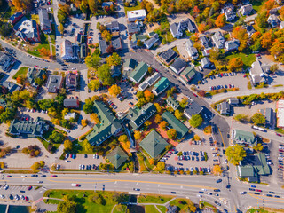 Meredith town center with fall foliage top view including First Congregational Church and Mill Falls, New Hampshire NH, USA. 