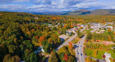Center Harbor historic village district panoramic aerial view in fall including Congregational church, Town Hall and Public Library, Center Harbor, New Hampshire NH, USA. 