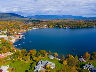 Center Harbor town center aerial view in fall with waterfront of Lake Winnipesaukee, New Hampshire...