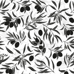 Seamless vector pattern of olive tree sprig, black silhouette on white with contour elements. Hand drawn vintage olive background for design packaging, textile, wallpaper