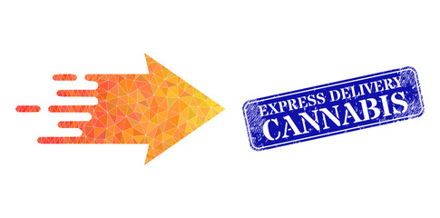 Low-poly speed arrow designed with random filled triangles, and grunge Express Delivery Cannabis seal.