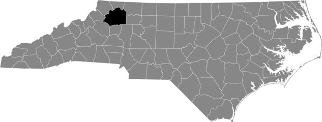 Black highlighted location map of the Wilkes County inside gray administrative map of the Federal State of North Carolina, USA © Momcilo