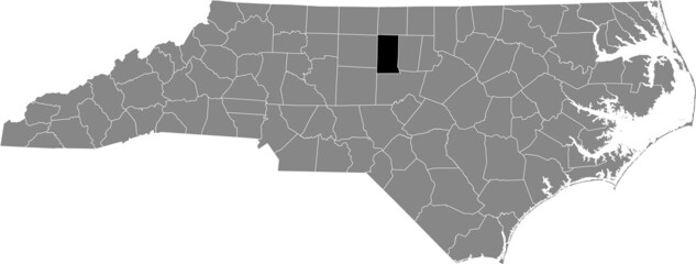 Black highlighted location map of the Alamance County inside gray administrative map of the Federal State of North Carolina, USA