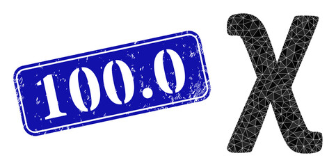 Low-poly Chi Greek lowercase symbol combined with scattered filled triangles, and grunge 100.0 seal stamp. Blue rounded framed rectangle seal has 100.0 caption inside framed rectangle shape.
