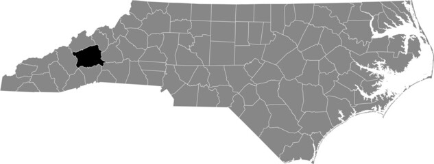 Black highlighted location map of the Buncombe County inside gray administrative map of the Federal State of North Carolina, USA
